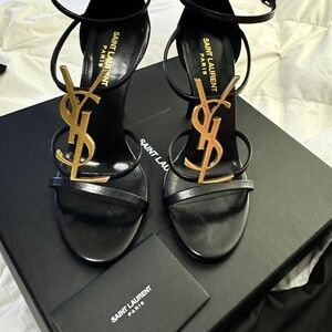 Yves Saint Laurent Black and Gold Strappy Heels
